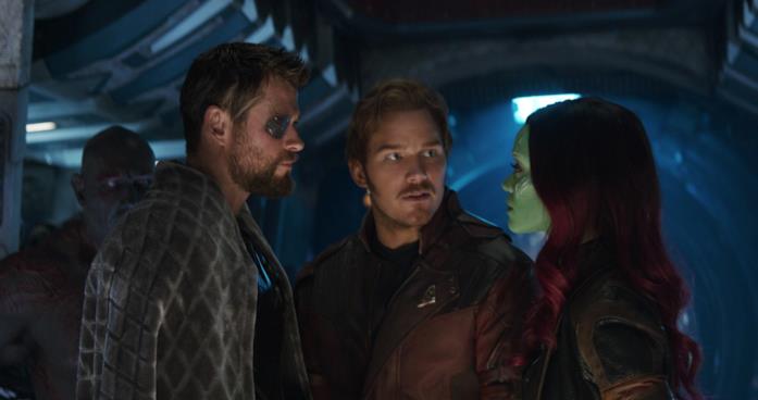 Il primo incontro tra Thor e i Guardiani della Galassia Chris Hemsworth, Chris Pratt, Dave Bautista e Zoe Saldana in Avengers: infinity War