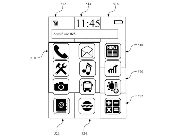 IBM brevetta uno smartwatch che può trasformarsi in uno smartphone o tablet da polso Illustrazione della UI dello smartwatch brevettato da IBM