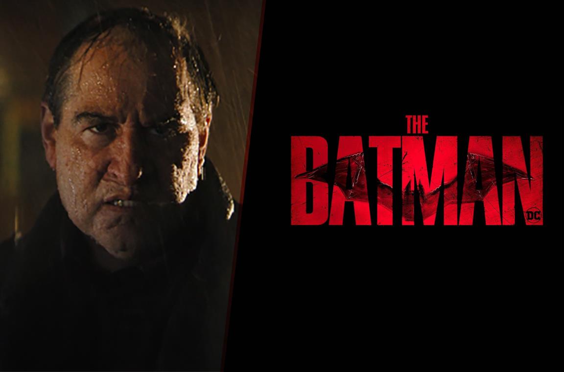 A sinistra primo piano di Pinguino, a destra il logo di The Batman