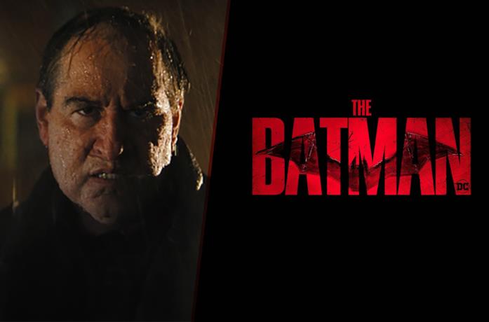 A sinistra primo piano di Pinguino, a destra il logo di The Batman