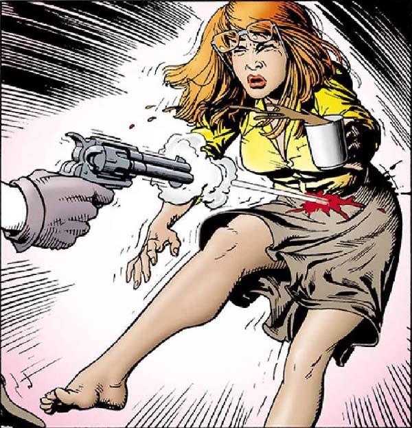 Il Joker spara a sorpresa a Barbara Gordon Pagina del fumetto in cui Barbara Gordon riceve un colpo di pistola dal Joker