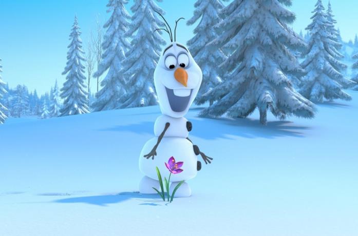Olaf mentre raccoglie un fiore tra la neve