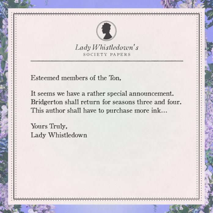 Lady Whistledown sul rinnovo di Bridgerton per le stagioni 3 e 4 Il rinnovo di Bridgerton per le stagioni 3 e 4