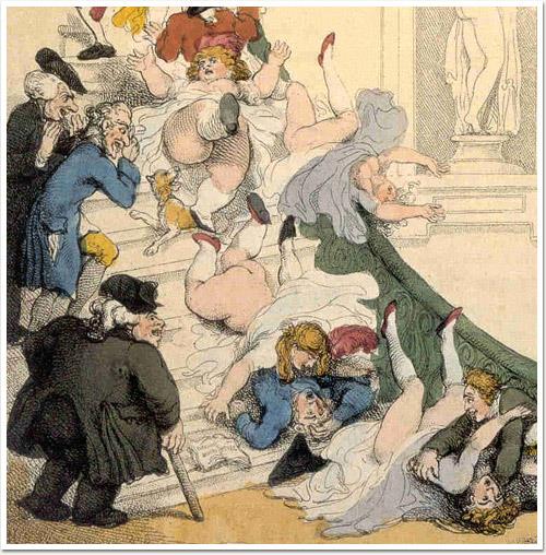 Una vignetta in cui alcune donne cadono dalle scale rivelando le loro parti intime Nella vignetta alcune donne scivolano sulle scale, cadendo ed esponendo il loro lato b agli sguardi dei presenti