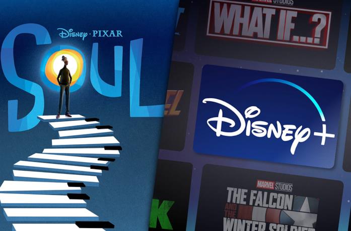 A sinistra la locandina di Soul, a destra il logo di Disney+