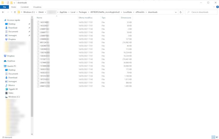 Dove trovare i file dei download Netflix su Windows 10 La cartella downloads di Windows 10 con i file scaricati da Netflix per la visione offline dei contenuti