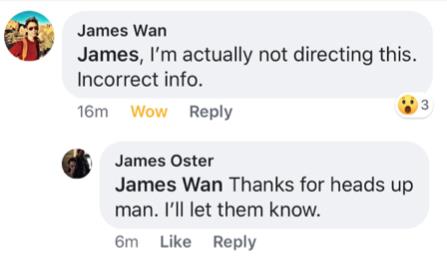 James Wan chiarisce che non dirigerà alcun episodio della serie basata sul film So cosa hai fatto Lo screenshot del messaggio su Facebook di James Wan a proposito del fatto che non dirigerà la serie TV basata su So cosa hai fatto