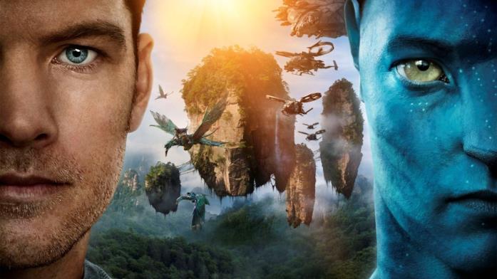Jake (Sam Worthington) Jake nella sua versione umana e Avatar. Sullo sfondo, le montagne fluttuanti caratteristiche del pianeta Pandora.