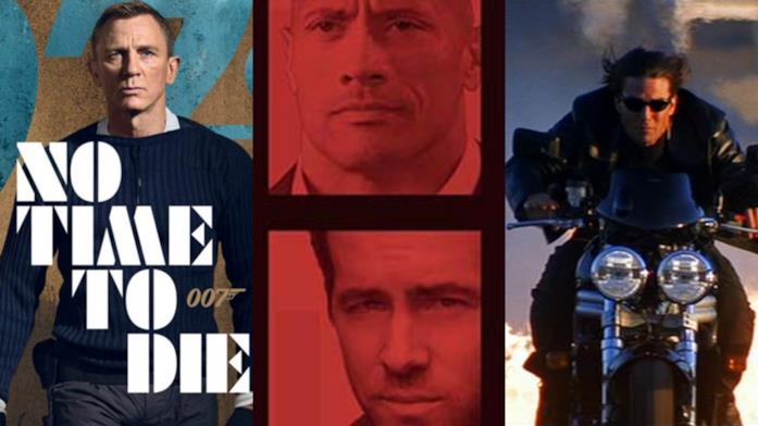 Le locandine di No Time to Die e Red Notice e una foto tratta da Mission: Impossible 2