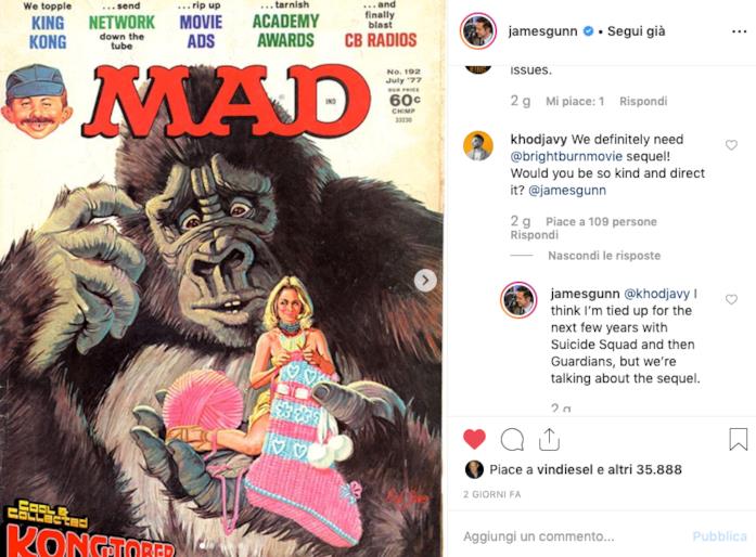 James Gunn apre alla possibilità di un sequel de L'angelo del male - Brightburn A sinistra l'immagine di una delle cover del magazine Mad, a destra domanda e risposta tra un fan e James Gunn a proposito del sequel del film L'angelo del male - Brightburn
