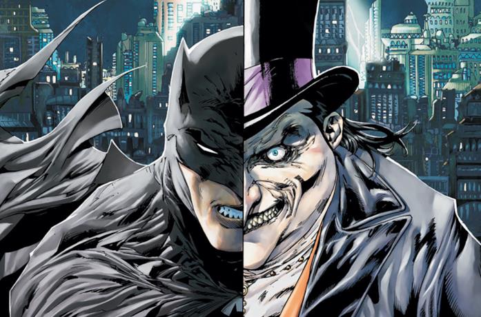 Batman (sinistra) e Pinguino (destra) in una tavola DC Comics