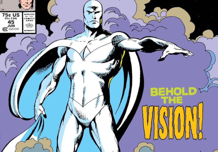 La prima, storica apparizione di Visione con il costume bianco Dettaglio della cover di Avengers West Coast 45