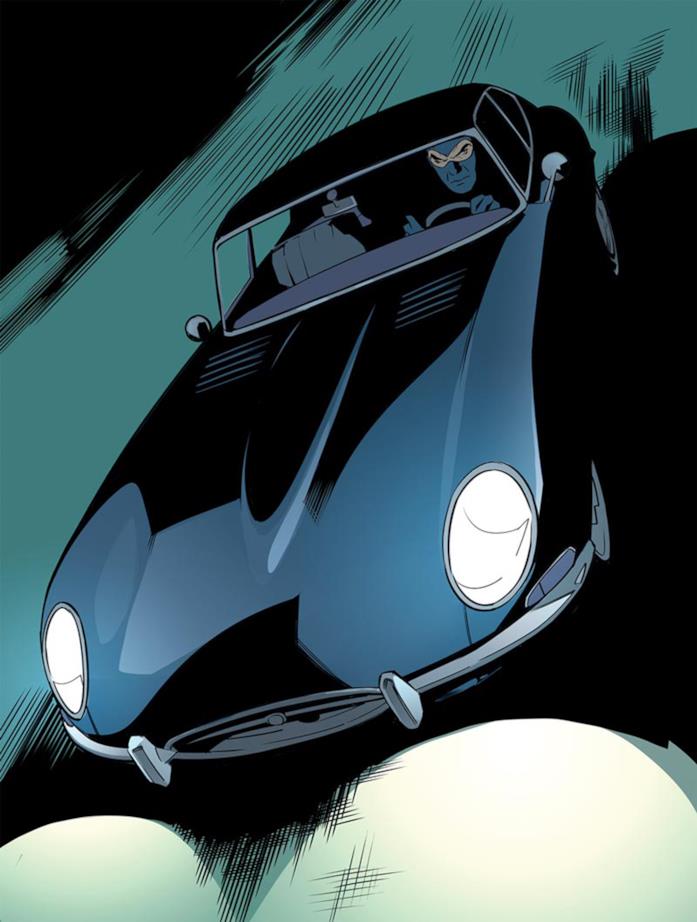 Jaguar E-Type, la mitica automobile di Diabolik L'automobile di Diabolik sfreccia in una strada