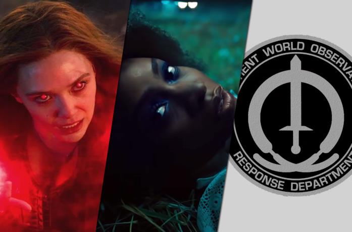 Da sinistra Scarlet Witch, Monica Rambeau e il logo dello SWORD