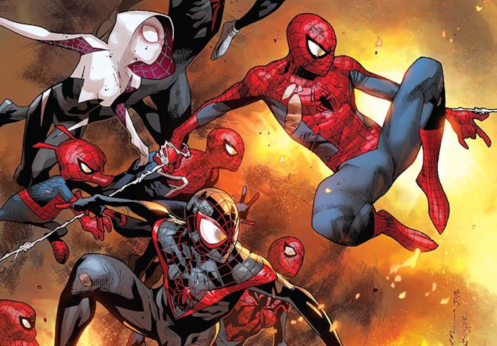 Spider-Man e i suoi omologhi da altri universi si lanciano in battaglia Cover di Amazing Spider-Man Vol. 3: Spider-Verse