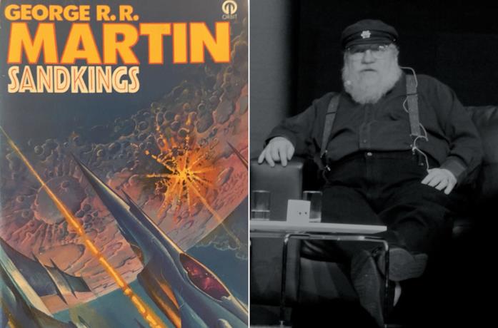 La copertina del libro Sandkings e George R. R. Martin a un evento in Australia