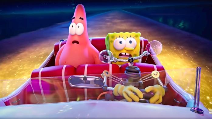 Una scena del film Netflix con SpongeBob e Patrick SpongeBob e Patrick, mentre si trovano nei sedili posteriore di un'automobile, trovano una splendida città