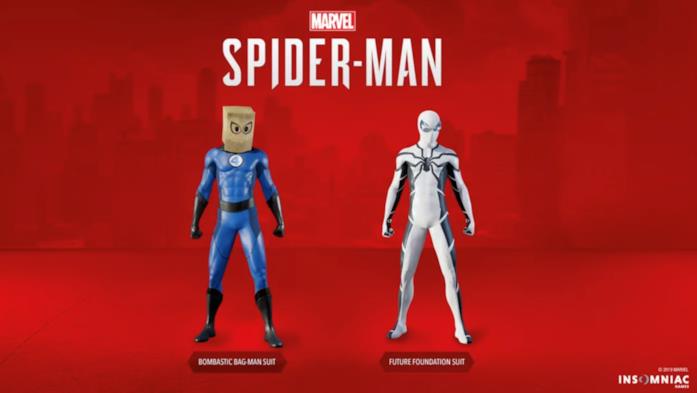 In Marvel's Spider-Man per PS4 anche i costumi Bombastic Bag-Man e Fondazione Futuro I costumi Bombastic Bag-Man e Fondazione Futuro di Spider-Man in Marvel's Spider-Man