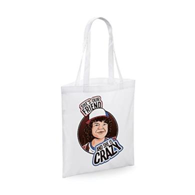 Shopping bag in cotone Stranger Things She's our friend and she is crazy - Dustin - serie tv - dimensioni: 38 x 42 cm