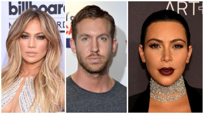 Primo piano di Jennifer Lopez, Calvin Harris e Kim Kardashian