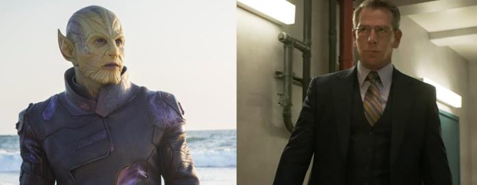 Ben Mendelsohn ha un doppio ruolo in Captain Marvel A sinistra Talos, a destra Keller; scene di Captain Marvel