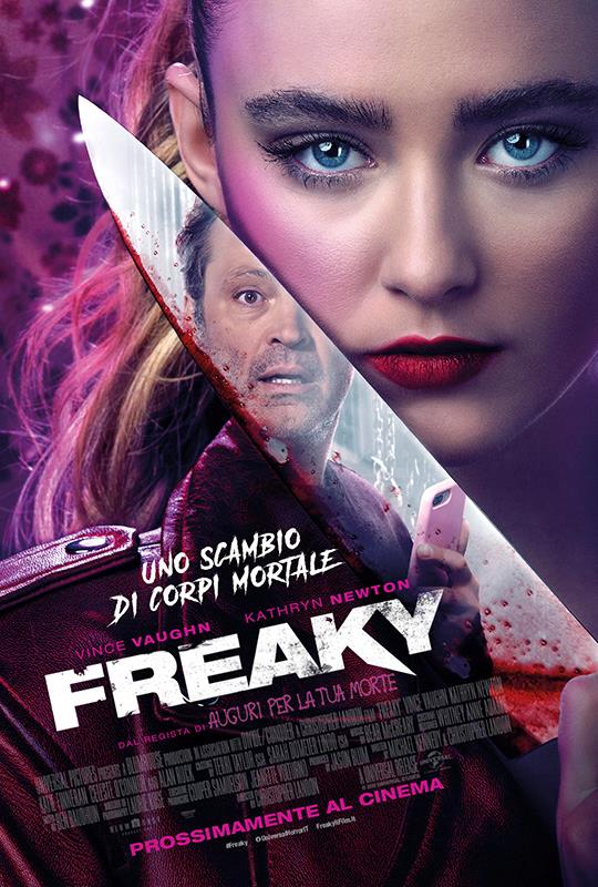 Freaky, trama e trailer Vince Vaughn nel riflesso del coltello che tiene in mano Kathryn Newton