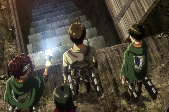 Eren e gli altri guardano le scale che portano alla cantina