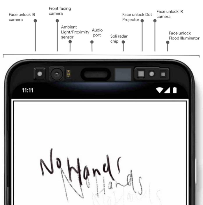 Google Pixel 4 con supporto a Motion Sense e Face Unlock Immagine stampa della parte superiore di Google Pixel 4