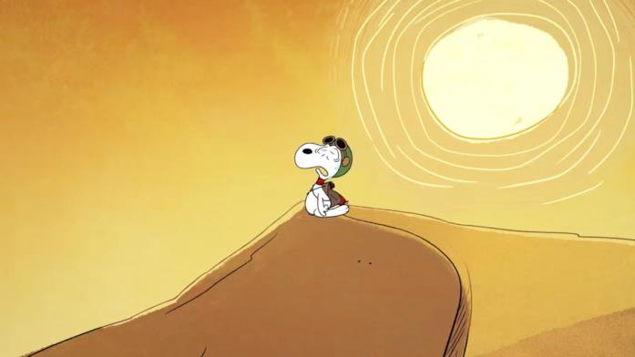 Una scena tratta dal trailer di The Snoopy Show Snoopy sta camminando nel deserto, ma inizia a essere accaldato