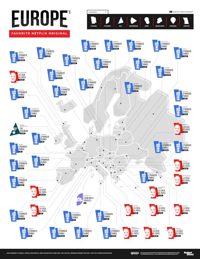 La mappa degli originali Netflix preferiti in Italia e in Europa La mappa degli originali Netflix preferiti in Europa
