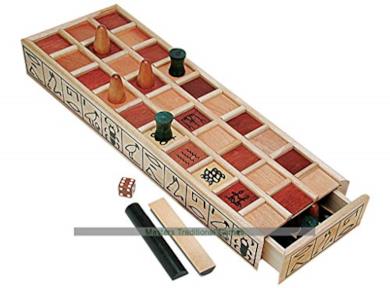 Ancient Egyptian Senet Game - Wooden Board with Red Squares, Wooden Pieces And Binary Dice