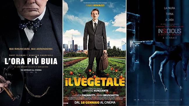 I poster dei film L'Ora Più Buia, Il Vegetale e Insidious - L'Ultima Chiave