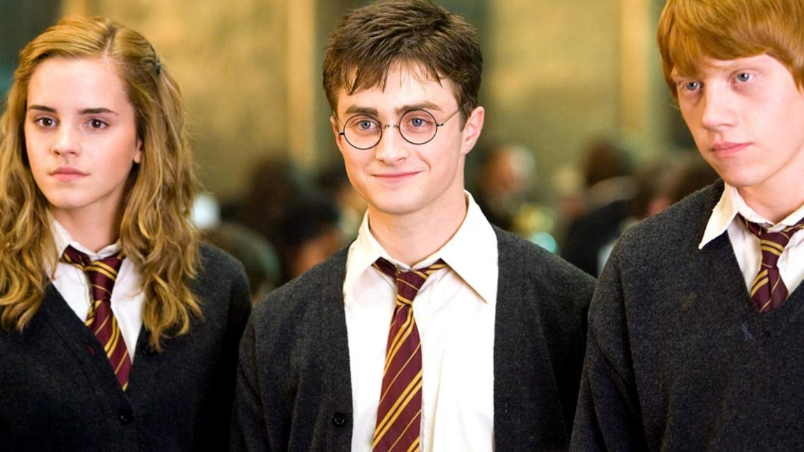 Primi piani di Emma Watson, Daniel Radcliffe e Rupert Grint in Harry Potter