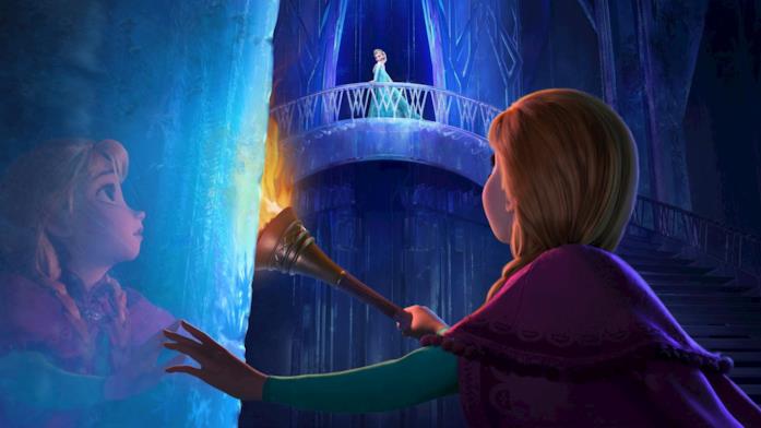 Anna decide di andare a cerca sua sorella Elsa dopo che quest'ultima ha deciso di scappare dal regno di Arendelle Un'immagine di Frozen - Il regno di ghiaccio con Anna che trova sua sorella Elsa al palazzo di ghiaccio