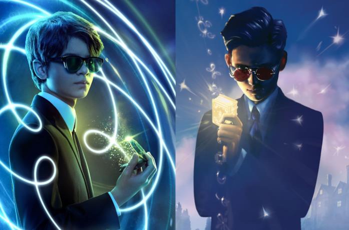 Artemis Fowl nella locandina del film e in una copertina della saga letteraria