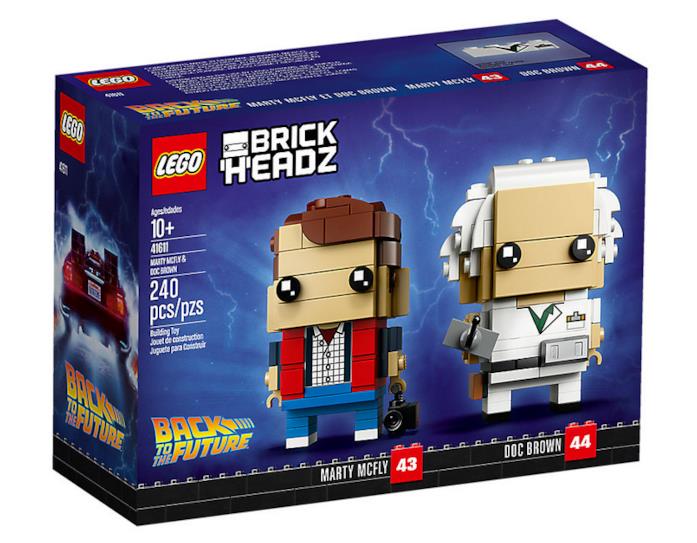Box del set LEGO Brickheadz Marty McFly e Doc Brown Primo piano del box del set LEGO Brickheadz Marty McFly e Doc Brown