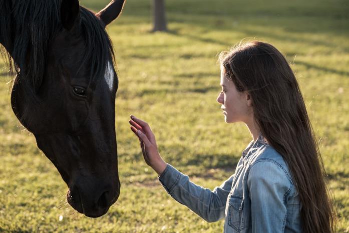 Un'immagine tratta dal film Black Beauty Jo Green avvicina la mano al muso della cavalla Black Beauty