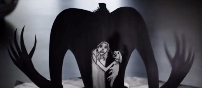 Amelia nel libro "Mr. Babadook" Nel libro "Mr. Babadook", una figura di carta nera e inquietante incombe su una terribile Amelia nell'atto di strozzare il cagnoino