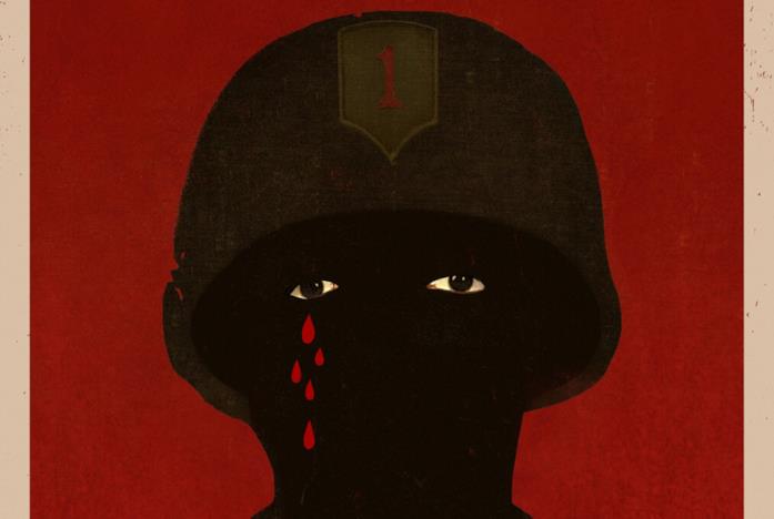 Una figura nera che piange sangue nel poster di Da 5 blood