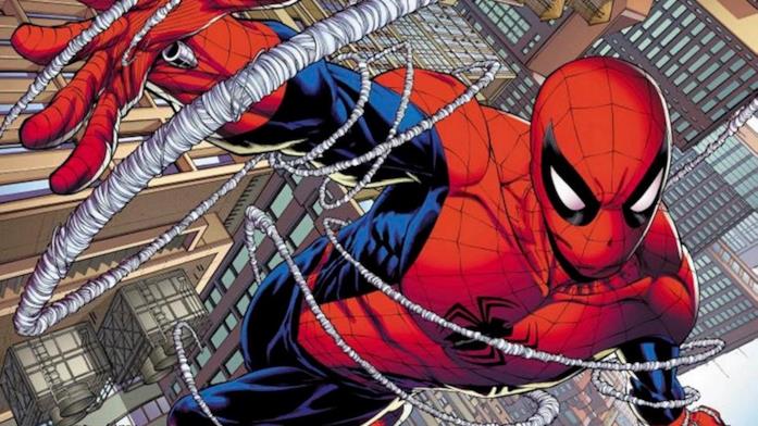 Spider-Man, un celebre personaggio Marvel Spider-Man si muove tra i grattacieli con le ragnatele