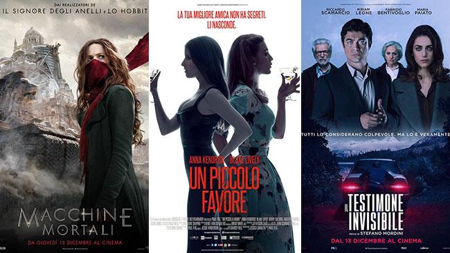 I poster dei film Macchine mortali, Un piccolo favore, Il testimone invisibile