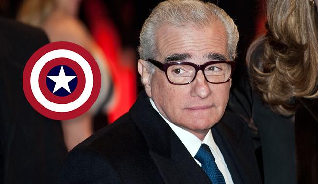 Martin Scorsese in abito elegante e lo scudo di Cap America