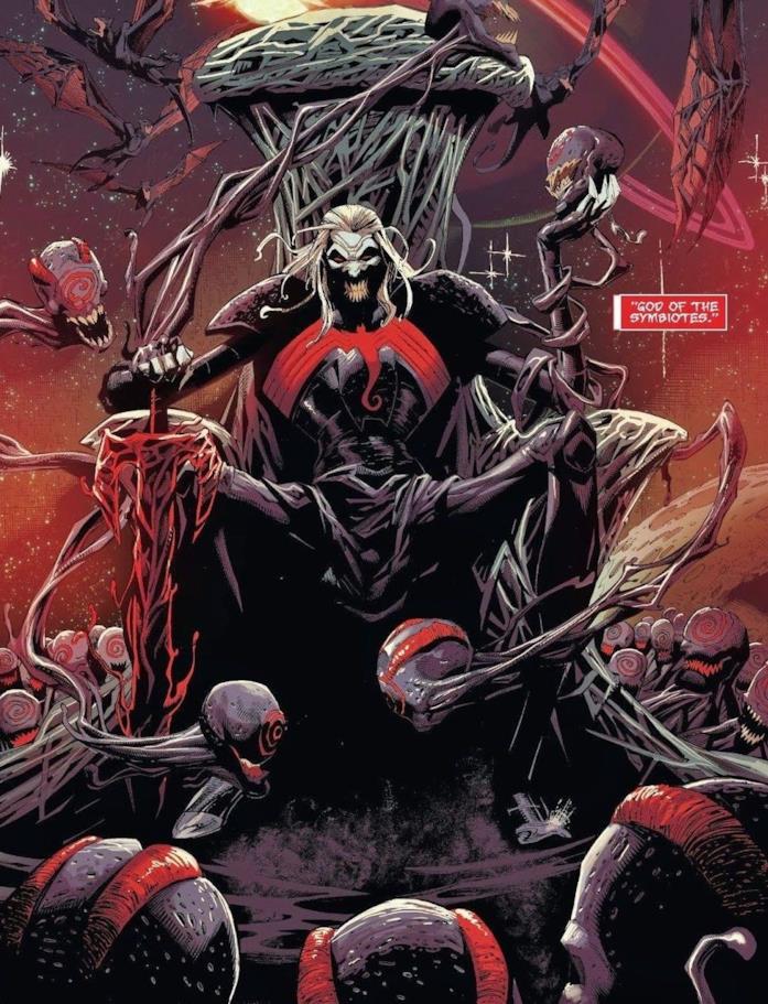 Knull è all'origine del potere di Hela Knull seduto su un trono con la spada in mano