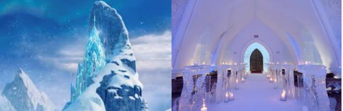 Il castello di Frozen e l'interno dell'Hotel de Glace Il castello di Frozen e l'interno dell'Hotel de Glace a confronto
