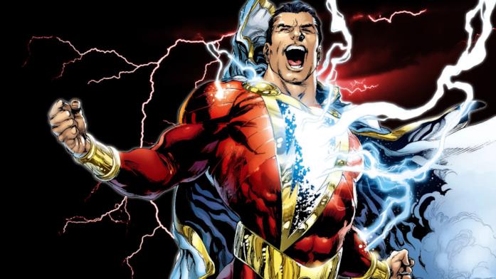 Vignetta disegnata del mezzobusto di Shazam che viene colpito dal fulmine magico