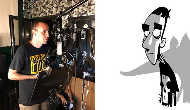 Zerocalcare in studio di doppiaggio a fianco della sua versione a fumetti