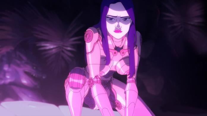 Una scena tratta da Buona caccia (un episodio di Love, Death & Robots) Una ragazza, con il corpo meccanico, si vendica