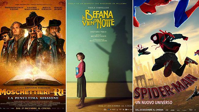 I poster dei film Moschettieri del re, La befana vien di notte, Spider-Man: Un nuovo universo