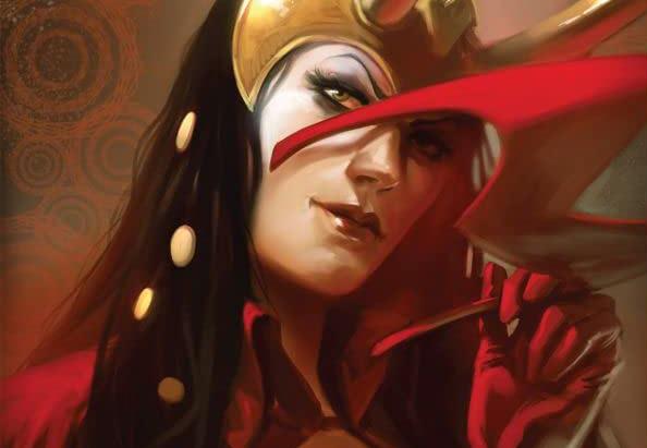 Lady Loki, che per un periodo ingannò i Vendicatori nei panni di Wanda Maximoff Dettaglio della cover di Mighty Avengers #29