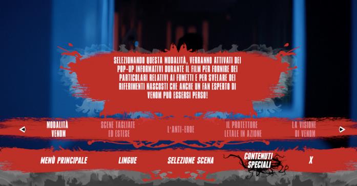 Il Blu-ray di Venom Una schermata del menù dei contenuti speciali del Blu-ray di Venom